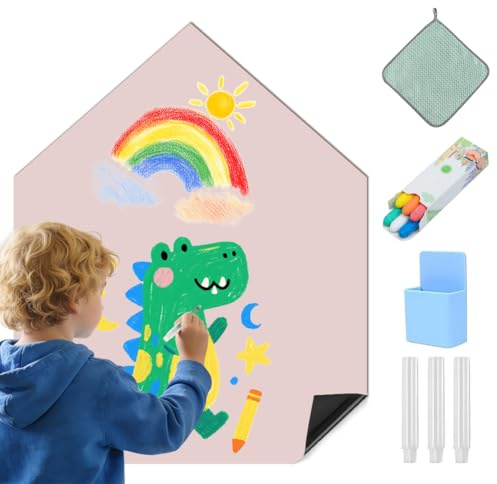 Magnetwand Kinder, Magnettafel Kinder Selbstklebend, Magnetfolie Kinderzimmer mit 6 Kreidestiften, 1 Reinigungstuch, 6 Kreidehaltern, 1 Aufbewahrungsbox, Magnetische Zeichentafel (Hausform Hellrosa)