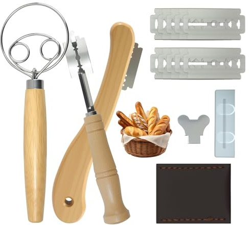 Piaeny Bäckermesser 3er Set mit Dänischer Schneebesen und Teigmesser, Brot Einschneidemesser mit 20 Ersatzklingen, Brot Backen Zubehör für Gerade und Geschwungene Schnitte