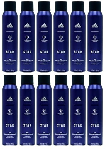 12x adidas STAR UEFA Champions League Deodorant Deo Spray Aromatisch & Zitrisch 48H Maximaler Trockenschutz mit 48 Stunden Schutz gegen starkes Schwitzen und Körpergeruch,200ml (12er Pack)