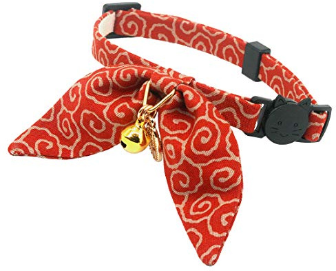 PetSoKoo Bunny Ears Cat Collar, Japan Lucky ‘開三運’ Charm. Safety Breakaway Bowtie Kitten Collar with Bell, Red