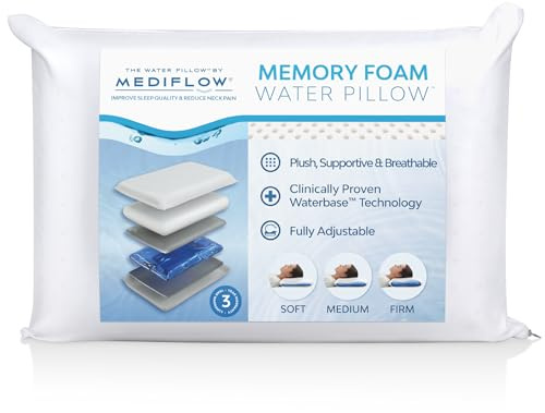 Mediflow Water Pillow with Memory Foam — Adjustable Waterbase; One-Piece Foam; Clinically Shown to Reduce Neck Pain; Deep, Uninterrupted Sleep; Side/Back/Stomach Sleepers, Standard/Queen (Single Pack)