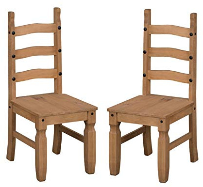 Mercers Furniture Trade Corona Pair of Dining Chairs Solid Wood Pine Wooden Slat Back Kitchen Seats x2 Sturdy Strong Mexican Style 107cm High 42cm Wide 52cm Deep
