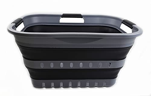 SAMMART 30L Collapsible 3 Handled Plastic Wäschekorb - Faltbarer Pop-Up-Vorratsbehälter/Organizer - Tragbare Waschwanne - Platzsparender Korb/Korb (Grau/schwarz)