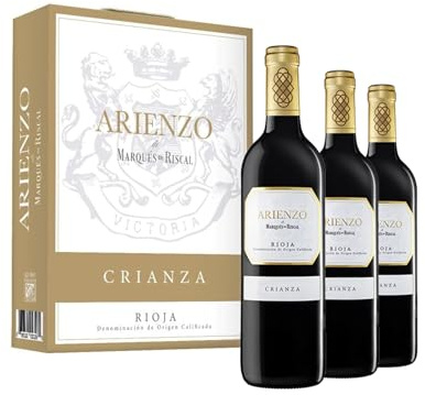 Arienzo de Marqués de Riscal - Vino tinto Crianza Denominación de Origen Calificada Rioja, Variedad Tempranillo, 18 meses en barrica - Estuche 3 botellas x 750 ml - Total 2250 ml