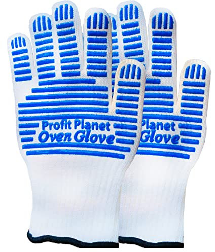 ProfitPlanet Heat Resistant Oven Gloves with Fingers | BBQ Gloves for Cooking, Baking, Grilling & Pizza Ovens | Non-Slip, Durable Kitchen Mitts (1 Pair, Up to 350°C)