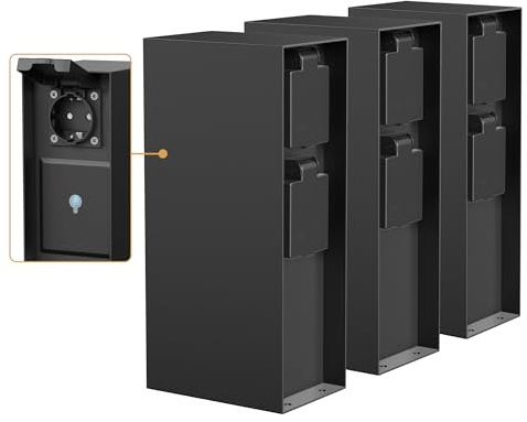 ledscom.de 3 Stück Garten Steckdosensäule POMI für außen, IP44, Smart Home, WLAN, Alexa, 3-Fach, Edelstahl, schwarz, eckig, 23 cm