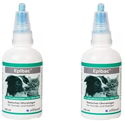 Alfavet Epibac, Doppelpack, basischer, sehr milder Ohrreiniger für Hunde und Katzen mit Chlorhexidin und Tris-EDTA, 2 x 100ml