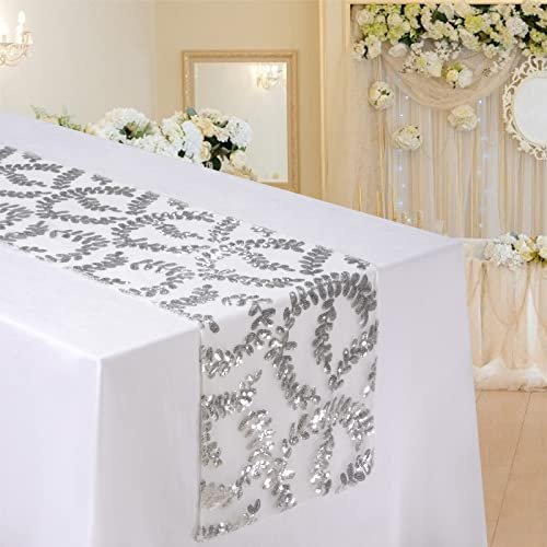 MengH-SHOP Runner da Tavolo con Paillettes Tovaglia Glitter Rettangolare per la Decorazione di Banchetti di Matrimonio Argento Foglie Pattern 30 * 280cm