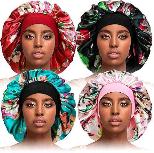 TSKNOMO 4 Pcs Silky Sleep Bonnet Extra Large Hair Bonnets for Women Hair Care, Satin Sleeping Cap Big Bonnets for Curly Hair