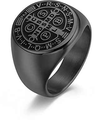 RobertDTesta Männer St. Benedikt Exorzismus Medaillon Ring, Katholische Exorzismus Kreuz Edelstahlring,Schwarz,8