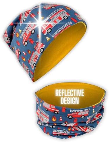 HECKBO Brandbil Barnmössa & Halskrage – 360° reflex – Stretch – 2–8 år – Perfekt för förskola, skolväg & utomhuslek (48–54 cm)