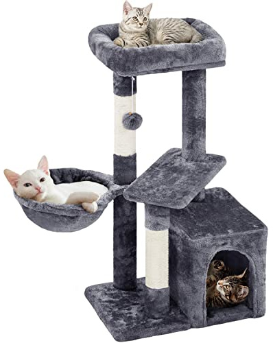 Yaheetech 87 cm Kratzbaum klein Katzenbaum mit 2 Plattformen dunkelgrau | FSC-zertifizierte Spanplatten | Platzsparend | mit Katzenhöhle & 2 Kratzsäulen & Plüschball & Korb | für kleine Wohnung