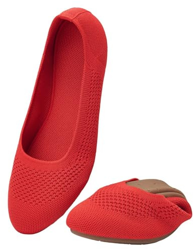 Puxowe Ballerine Femme Rond Tricot Pointe Chaussures Plates Confort Cale Bas Slip on Walking Robe Chaussures pour Femmes Doux 41 EU Rouge