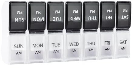 Tablettenbox 7 Tage 2 Fächer Morgens Abends,Abnehmbar Pillendose Medikamentenbox 14 Fächer Pillenbox Medikamentendosierer für Vitamine, Fischöl, Ergänzungsmittel und Medikamente(weiß+schwarz)