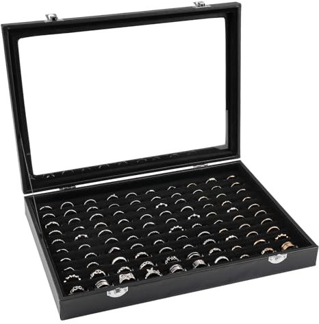 Deepton 100 Slots Rings Organiser, Velvet Clear Lid Ring Holder, Ring Box Lockable, Dustproof Ring Storage for Women Girls, Display Jewellery Rings Storage Tray Case 13.58(L) X 9.52(W)