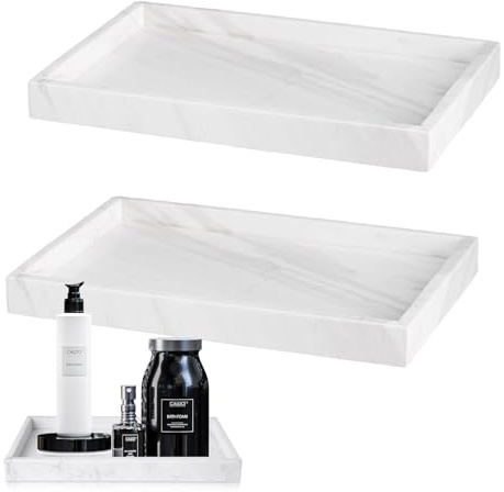 Aupawdy 2 Stück Rechteckig Badezimmertablett aus Kunstharz, Silikon Badezimmer Tablett, Aufbewahrungstablett, für Seife, Küchenspüle, Badezimmer, Arbeitsplatte, Toilette, Marmor Weiß, 22x 11 cm