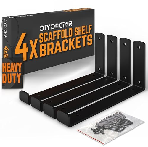 DIY Doctor Heavy Duty Scaffold Board Shelf Brackets, Set of 4, 23.5cm, Black Industrial & Rustic Metal Shelf Supports, Wall-Mounted Storage & Home Décor