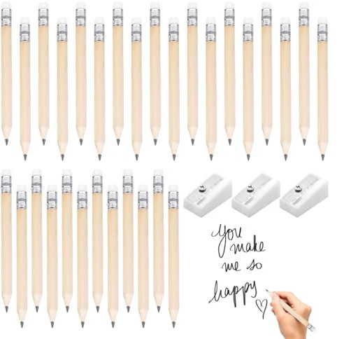 Mini HB Pencils Set, 30PCS, 3 Sharpeners - Golf Writing Instruments with Rubbers, Chunky Wooden Pencils for Toddlers, School, Office, Classroom, Bridal, and Wedding
