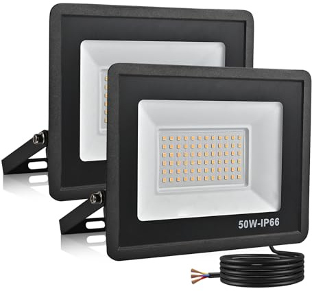 treoir Focos LED Exterior 50W,Proyector LED 5000LM Foco LED,IP66 Impermeable 3500k Foco Proyector Led para Jardín,Garaje,Patio,Almacén,Estacionamiento(50W,Luz calida-2pcs)