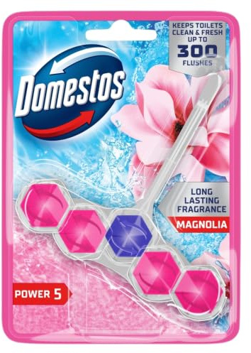 Domestos Power 5 Magnolia Toilet Rim Block toilet freshener with a long-lasting fragrance cleans and freshens for up to 300 flushes 50 g