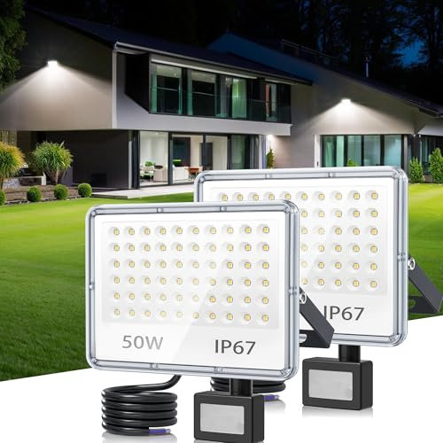 TASINUO 50W Security Lights Outdoor Motion Sensor 2 Pack, 5000 Lumen PIR Security Light 7000K LED Floodlight with PIR, IP67 Waterproof Motion Sensor Lights Outdoor for Garage Garden Hallway Backyard
