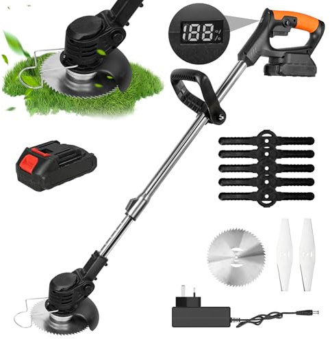 Cortadora de césped eléctrica a batería, cortadora de césped portátil de 24 V con pantalla LED, recortadora de jardín inalámbrica, barra regulable, 8 accesorios, para un corte rápido del jardín (1