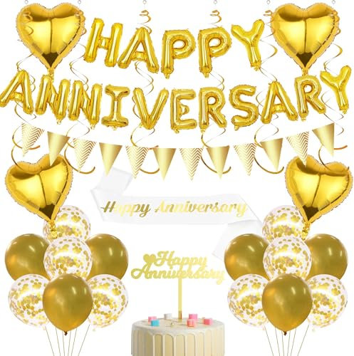 Happy Anniversary Banner Wedding Decorations - 43 Pcs Gold Anniversary Decoration Including Cake Topper Confetti Latex Balloons Love Banner for Valentine's Day, Wedding Anniversaries Supplies