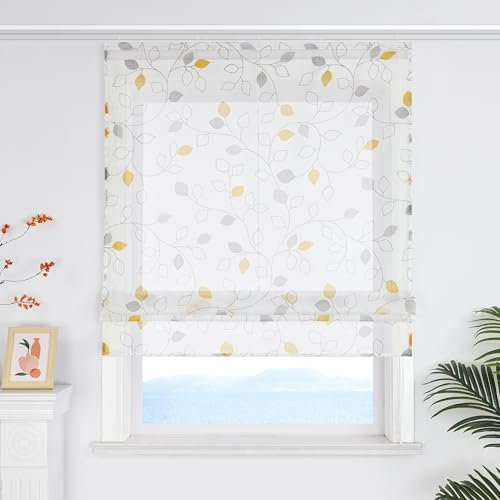 ESLIR Raffrollo mit Klettband Landhaus Gardinen Küche Transparent Raffgardinen Wohnzimmer Bändchenrollo für Fenster mit Klettschiene Gelb BxH 120x140cm 1 Stück