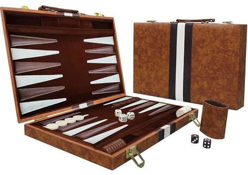 Backgammon,Backgammon Reise,Backgammon Koffer,2 Spieler Klassisches Backgammon-Set mit hochwertiger Ledertasche Tragbares und Reise-Backgammon-Set ür Erwachsene Brettspiel (Braun,15 Zoll)