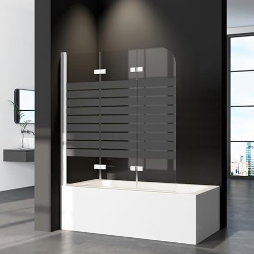 Duschwand für Badewanne 140 x 140 cm 3-teilig Faltbar, Duschabtrennung mit Schwarz Gestreift Badewannenaufsatz aus 6mm ESG Sicherheitsglas, 140cm Duschtrennwand Badewannenwand in Weiß Alu