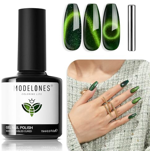MODELONES UV-nagellack kattöga 15 ml, grönt gellack med magnet, kattöga UV-gel, glitter gelnagellack blötläggning av reflekterande gel magnetisk nagelpolering för kvinnor och flickor