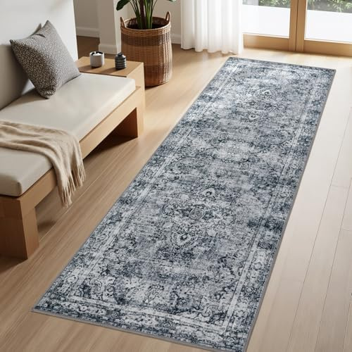 Joydeco Runner Rug 2x5 Non Slip Machine Washable Vintage Hallway Carpet Runner, Low Pile Lightweight Chenille Print Rugs for Entryway, Hallway, Bedroom, Kitchen and Corridor, Light Grey