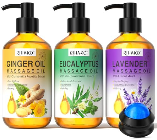 Massage Oil Set for Massage Therapy,Lymphatic Drainage Ginger Oil, Lavender Oil, Sore Muscle Eucalyptus Massage Oils &Massage Ball for Date Night, 3x100ml