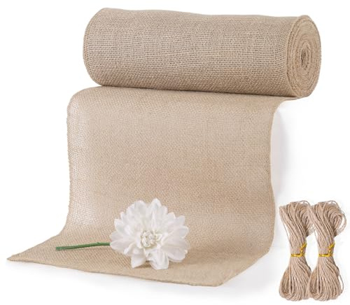 Jute Tischläufer Rolle 30cm x 10m, 100% Natur Juteläufer Schneidbar mit 20 m Jute-Schnur für Tisch, Hochzeitsdek, Bauernhaus Party, Kommunion, Rustikale Tisch Dekoration, DIY