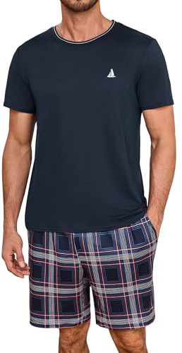 Jahetuul pyjamas herr korta sovbyxor rutmönster pyjamas herr sommar rund hals pyjamas för män pyjamas shorts pojkar nattkläder män, blå 2, XL
