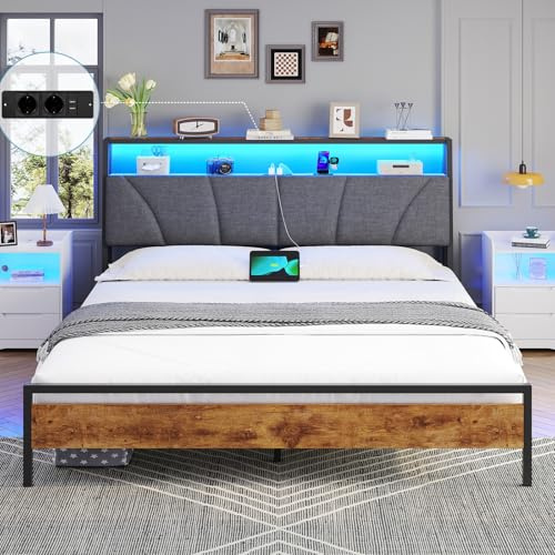 Brinlawb Letto Imbottito 160x200 cm, Struttura letto con Luce LED e Stazione di Ricarica (2 Prese CA 2 Porte USB) Letto Matrimoniale con testiera e pediera, Facile da montare, Moderno, Nero e Grigio