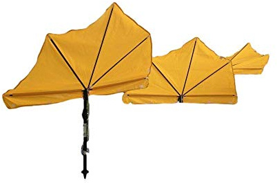 Hollymat holly's GELBER mobiler UV SONNENSCHUTZ - FÄCHERSCHIRM + TRAGETASCHE + 360 ° Halter für Balkon-Geländer-Tisch-Stuhl-Bank-Liege usw. MAde B. Württemberg
