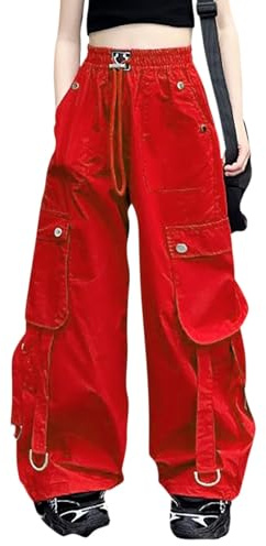 Generisch Pantaloni da fango per ragazze pantaloni cargo da bambina a vita alta, gamba larga, pantaloni da jogging per danza casual e attività all'aperto ragazza 152, Colore: rosso, 12-13 Anni