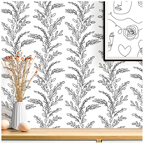 ICYEHAO Papier Peint Floral Noir et Blanc, 44.5 x 1000 cm Papier Peint Autocollant Noir et Blanc Fleurs Feuille Botanique Papier Autocollant pour Meuble,Chambre,Salon,Salle de Bain,Cuisine,Toilette