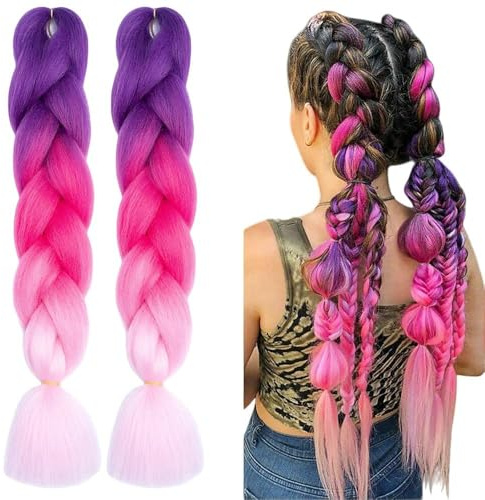 2 Paquets Meches pour Tresses Africaine, Extension de Cheveux de Fibre Synthétique, 24 Jumbo Braids Meches, Rajout Cheveux Tresses, pour Crochet Twist Tressage Cheveuxx, Violet & Rose