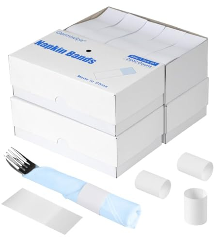 Germiwipe Pack of 10,000 White Paper Napkin Bands Self Adhesive,Easy to Separate, Time-Saving,1.5x4.25 Inch Silverware Wraps Band Paper Napkin Rings for Restaurant, Party, Wedding, (4 Boxes x 2,500)