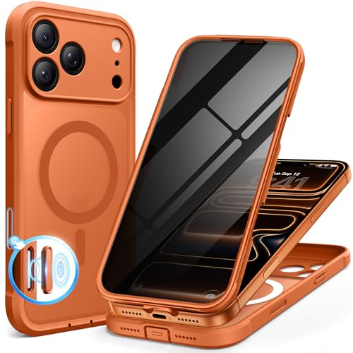 BERFY for iPhone 17 Pro Max Case, Compatible with MagSafe, Built-in Privacy Screen Protector, Camera Protection, Shockproof Full Body Phone Case 6.9, Translucent Cosmic Orange