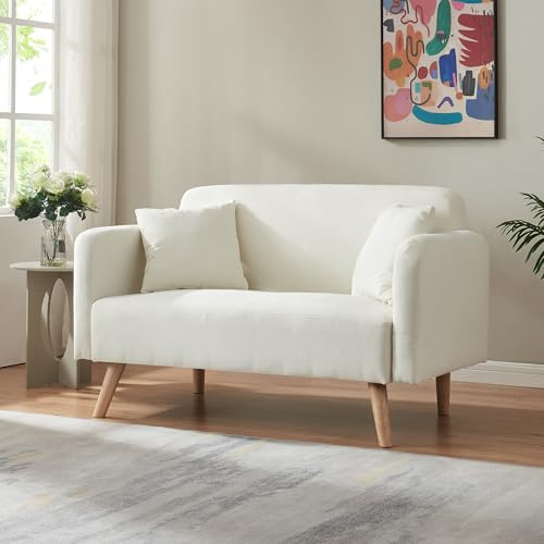 [en.casa] Sofa 2-Sitzer Midt Couch mit Rückenlehne und Armlehnen 132 x 70 x 81 cm mit Holzfüßen max. 320 kg Polstersofa mit 2 Kissen Wohnzimmer Cord Beige