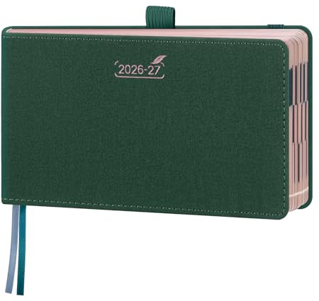 BEZEND Taschenkalender 2026 2027 Klein Querformat 1 Woche 2 Seiten ca. A6 | 16,5 x 9 cm, 18-Monate Kalender (Juli 26 - Dez 27), PU-Leder Hardcover, 80 GSM Papier, Rose Gold Papierkante, Waldgrün