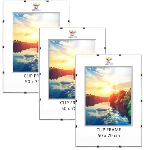 MG Design Cliprahmen Set 3 Stück in 50 x 70 cm – Rahmenlose Bilderrahmen mit Acrylglas & HDF-Rückwand für Fotos, Poster & Puzzle, vertikal & horizontal