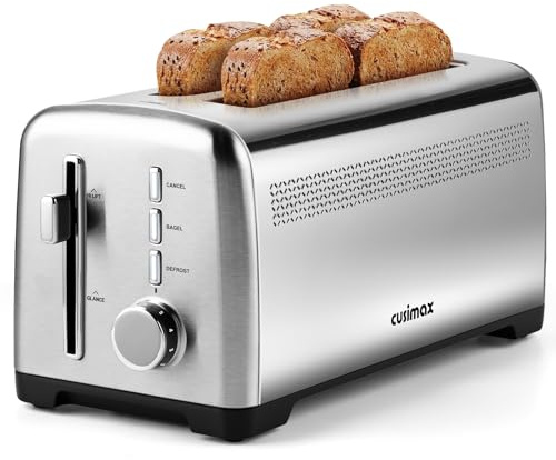 4 Slice Toaster, CUSIMAX Extra-Long Slots for Artisan Bread, Quick Glance Function, 9 Shade Settings, Bagel/Defrost/Cancel Functions, Removable Crumb Tray, Cool-Touch Stainless Steel Body
