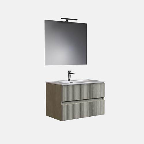 Mobile bagno SILVAE 80cm Doppio Cassetto Cannettato con lavabo, specchio e lampada ROVERE GRIGIO – MaMa Store