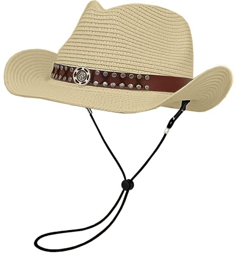 HEYANN Stroh-Cowboyhut für Damen und Herren, Sommer Faltbarer Sonnenhut Westernhut Windfestem Kinnriemen Cowgirl-Hut atmungsaktiv UV-Schutz Sonnenhut für Strand, Garten und Outdoor