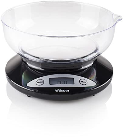 Tristar KW-2430 Báscula de Cocina con bol medidor de plastico, Pantalla LCD, Pesa hasta 2 kg, función tara, botón de encendido y apagado, Negro
