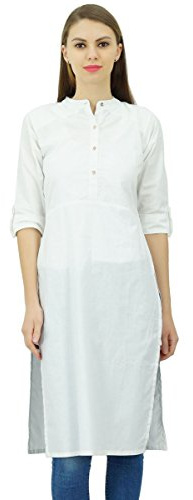 Phagun Cotone Plain Kurti Tunica Collo Alto Etnico Occasione Kurta Camicetta, bianco, 44